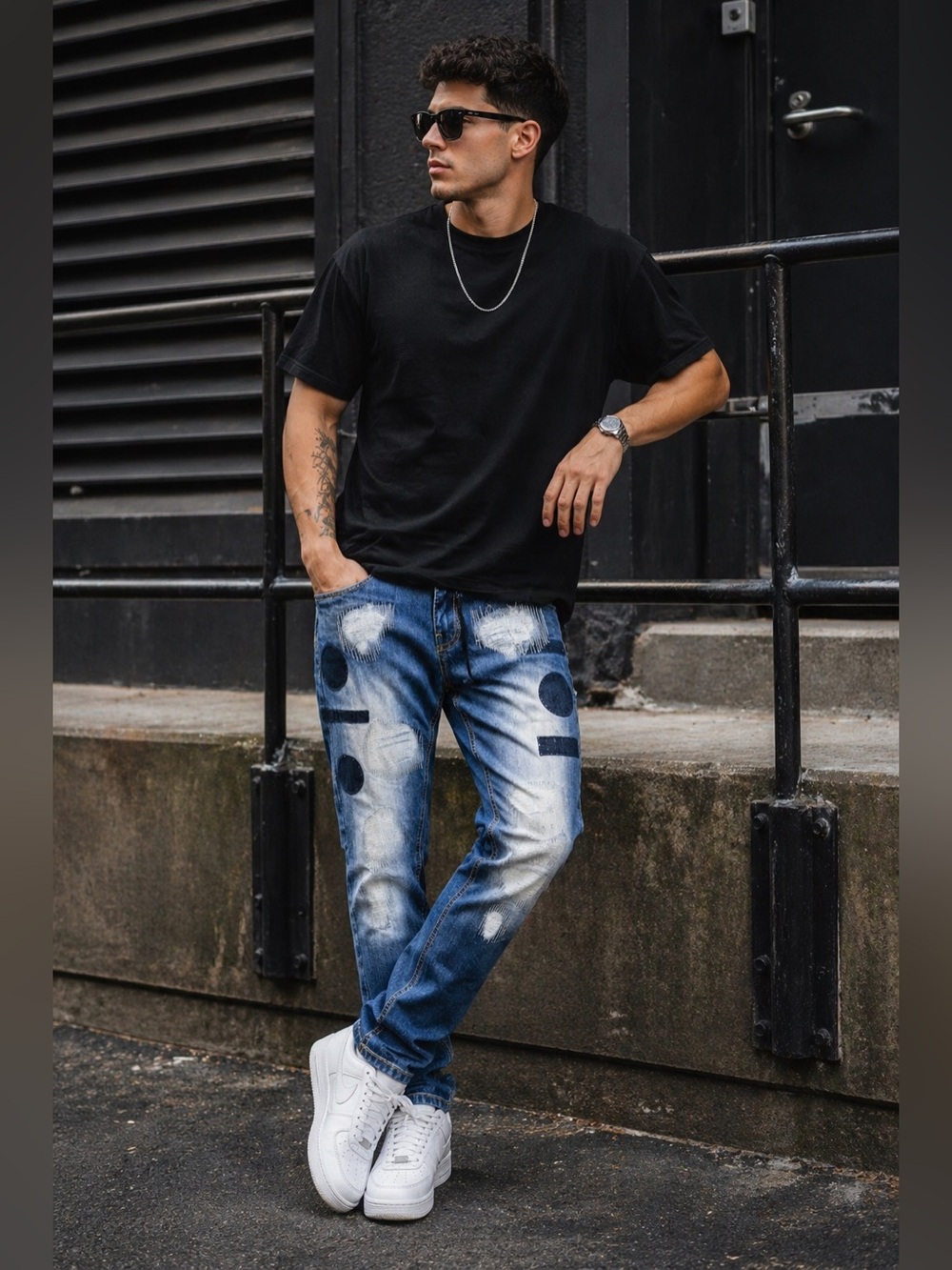Copper Rivet Distressed Jeans 30x30 Slim Fit Patchwork Denim Streetwear